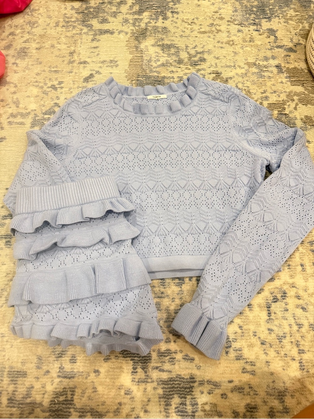 Tularosa Light Blue Eyelet Knit Ruffle Crop Sweater and ruffle shorts